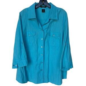 Autograph Woman Turquoise Linen Button Up Shirt with Roll Tab Sleeves size 2X